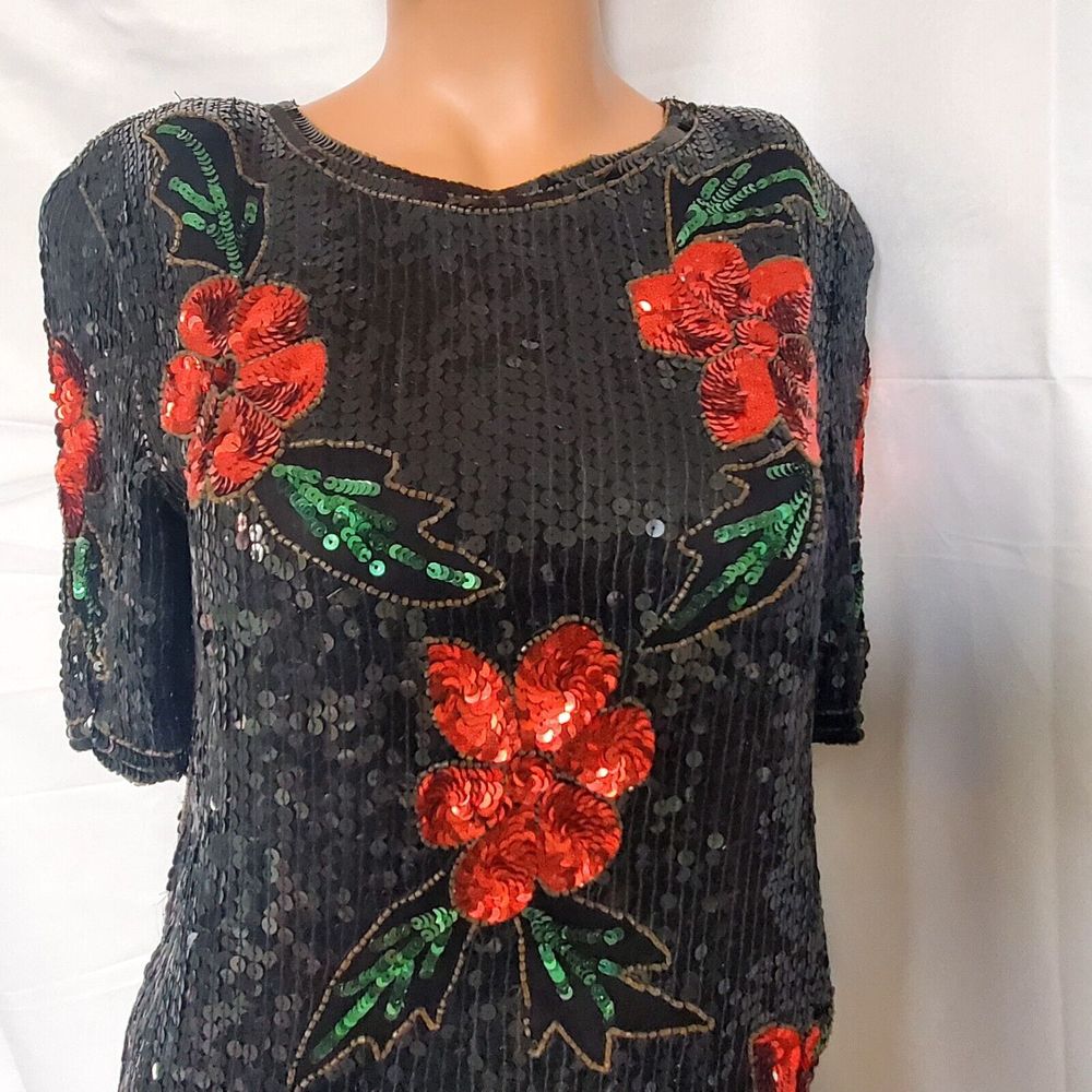 Women's Vintage Black Red Florals Silk All Over Sequin Joseph Le Bon Blouse Sm